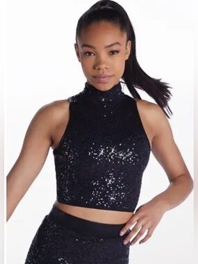 balera Black Sequin High-Neck Crop Tank
